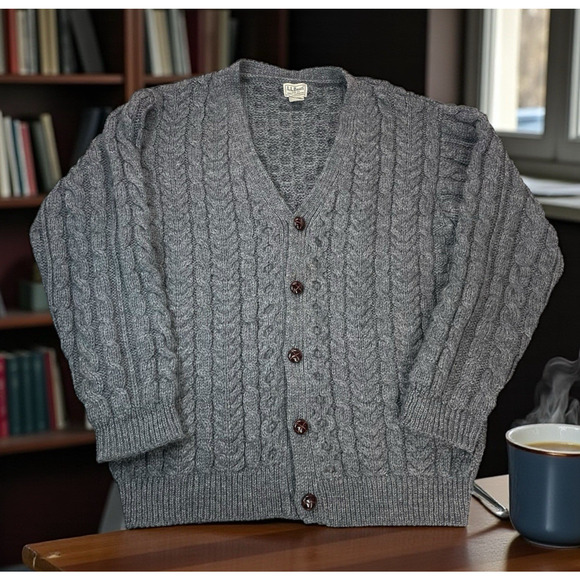 VTG LL Bean 100% Wool Cardigan Sweater Mens XL Chunky Cable Knit Made In Ireland